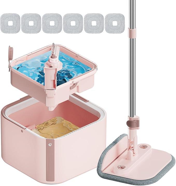 Upgraded Spin Mop and Bucket Set Self-Standing Mop Bucket Separate Dirty and Clean Water System Self Wringing 360° Rotating 90° Foldabl Mops and Buckets for Floor Cleaning (Pink, 6Pads) - NeatNest