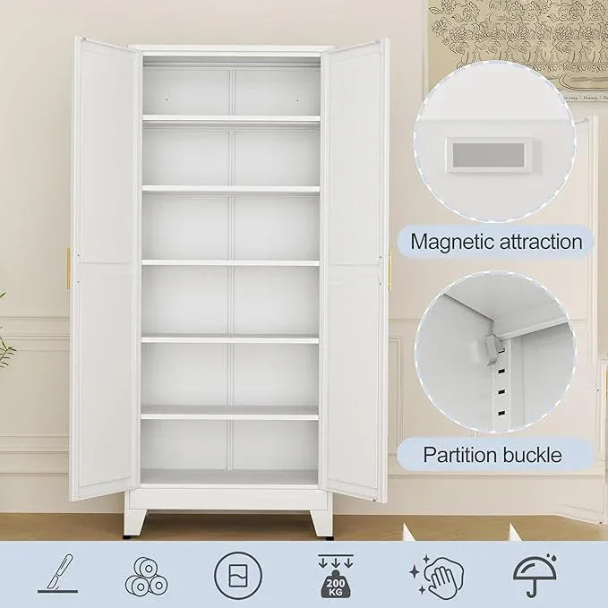 White Metal Storage Cabinet,75" Steel Cabinets for Home Office, Kitchen Pantry Storage Cabinet with Doors and 5 Adjustable Shelves, Tool Cabinets, for Office, Home, Garage, School - NeatNest