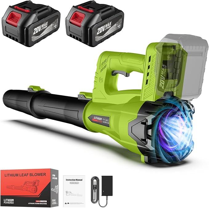 Leaf Blower Cordless with 2 x 4.0 Ah Battery and Charger, 160MPH/580CFM High Power Lightweight Handheld Electric Snow Blower with 2 Extended Tubes for Lawn, Yard, Leaves, Dust, Snow Care (Green) - NeatNest
