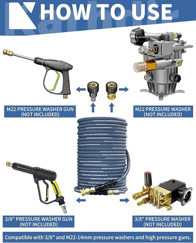 Pressure Washer Hose 100FT 3/8" for Cold and Hot Water 212°F, with Swivel Quick Connect, 4500PSI Kink Resistant Grade Steel Wire Braided, Power Washer Hose With 2pcs M22-14mm Adapter - NeatNest