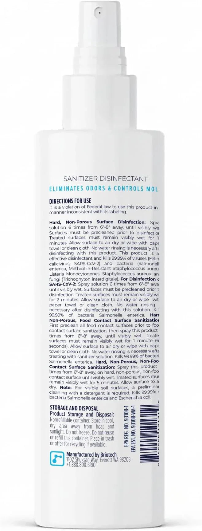 BRIOTECH Sanitizer Disinfectant Hypochlorous Spray, Kill 99.99% of Viruses & Bacteria, Control Mold, Eliminate Odor, Gentle for Nursery & Play Rooms, Food Contact Surface Sanitizer, 4 fl oz (2 Pack) - NeatNest