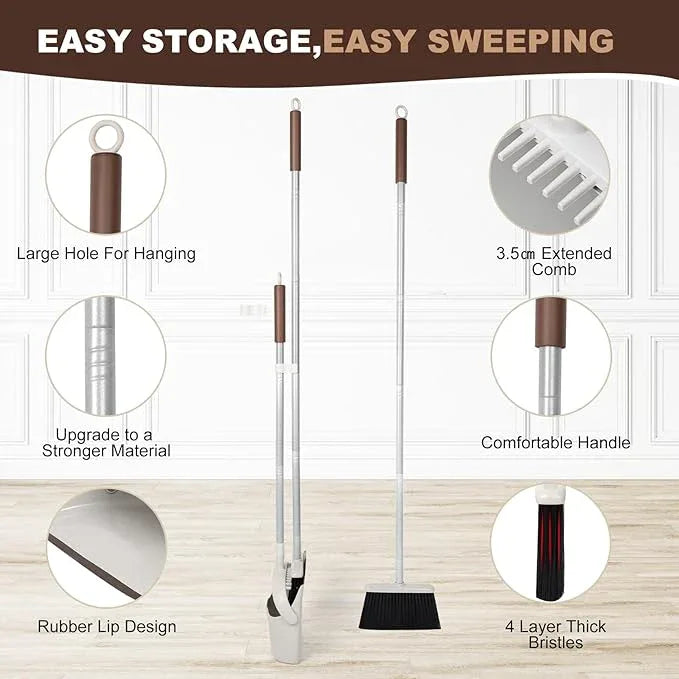 54" Long Handled Broom and Dustpan Set - Perfect Dust Pan and Brush Combo for Efficient Cleaning, Brown and White - NeatNest