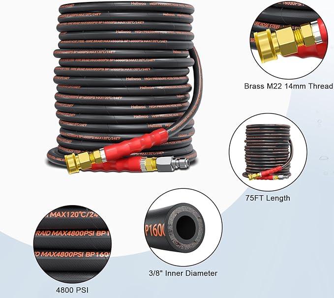 Pressure Washer Hose 75FT, 4800PSI High Tensile Wire Braid Kink Resistant Power Washer Extension Hose, 3/8" Flexible Replacement Hose with 3/8 Quick Connect - NeatNest