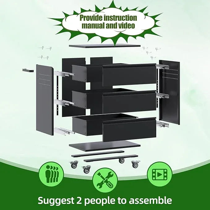 SUXXAN Metal Storage Cabinet with 3 Drawer and 4 Hooks,35.4" H Top Workbench Mobile Tool Chests Garage Cabinets with 4 Wheels,Tool Cabinets for Home,Office,Shop - NeatNest