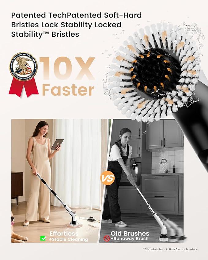 Antime Electric Spin Scrubber with LED Light, IPX8 Waterproof Cleaning Brush with LCD Display, 5 Replaceable Brush Heads, Shower Scrubber with 25kg Torque, 90min Runtime for Bathroom, Kitchen, Tile - NeatNest