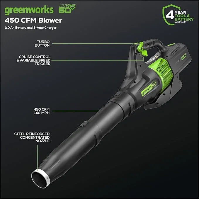 Greenworks 60V 450 CFM Cordless Leaf Blower, 2.0 Ah Battery and Rapid Charger - NeatNest