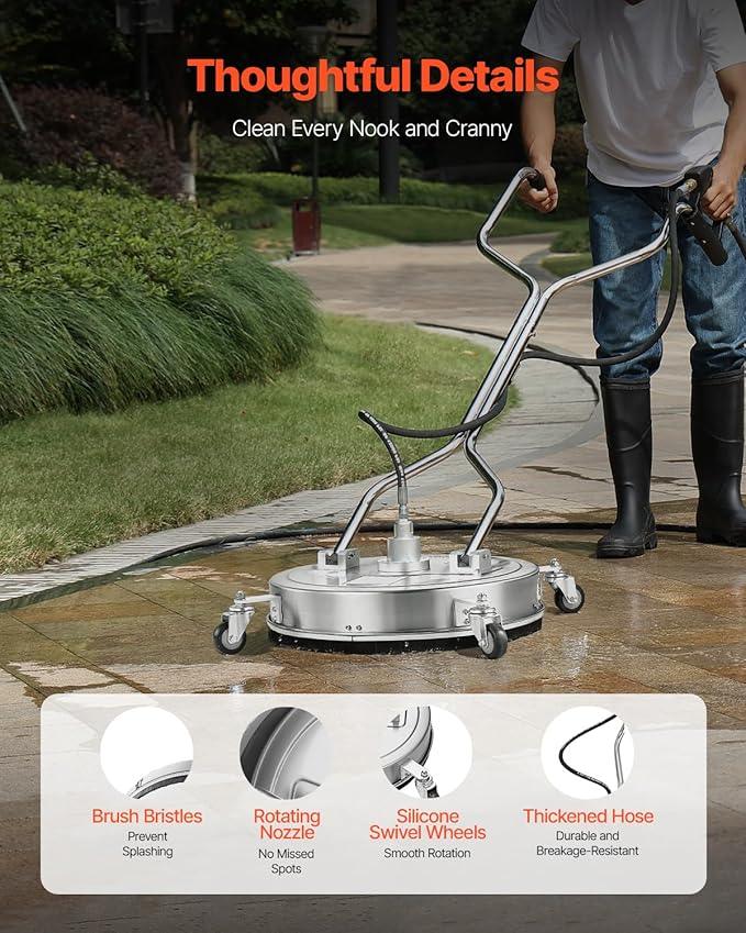 VEVOR 20" Pressure Washer Surface Cleaner, Stainless Steel Pressure Washer Attachments with 4 Wheels, 4000 Max PSI, 3/8 Quick Connector, 2 Spray Nozzles, Dual Handle, for Concrete, Patio, Sidewalk - NeatNest