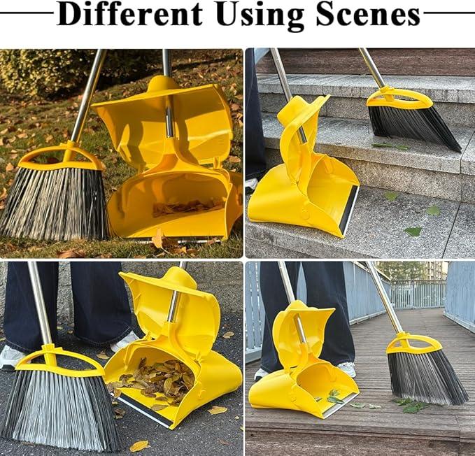 Heavy Duty Outdoor Broom and Dustpan Set - 145CM Extra Long Handle, Stiff Bristles for Tough Debris, Angled Broom Head - Ideal for Garage, Patio, Garden Kitchen House Floor Cleaning - NeatNest