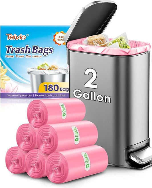 Teivio 2 Gallon 180 Counts Strong Trash Bags Garbage Bags, Bathroom Trash Can Bin Liners, Plastic Bags for home office kitchen, Pink - NeatNest