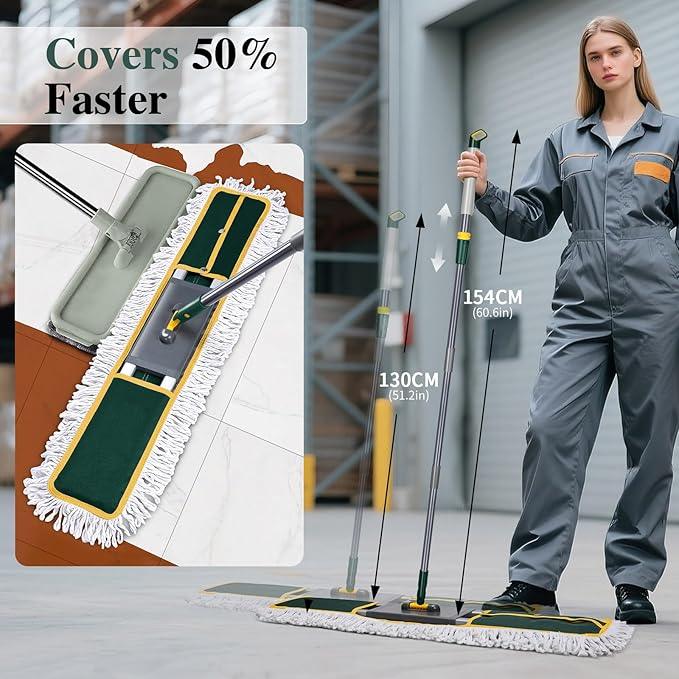 36" Commercial Mop, Masthome Heavy Duty Industrial Mop for Floor Cleaning,Commercial Dust Mop with 3 Reusable Pads,60”Long Handle Wet Dry Flat Mops for Hardwood Floors, Marble, Laminate, Tile(Green) - NeatNest