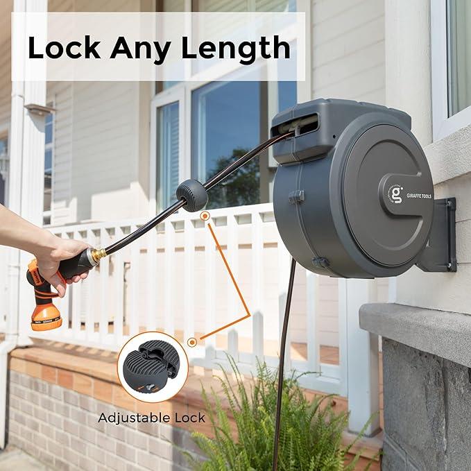 Giraffe Tools Hose Reel 1/2‘’ 78 ft, Heavy Duty Retractable Garden Hose Reel with Any Length Lock, Slow Return System, Wall Mounted and 180 Deg Swivel Bracket - NeatNest