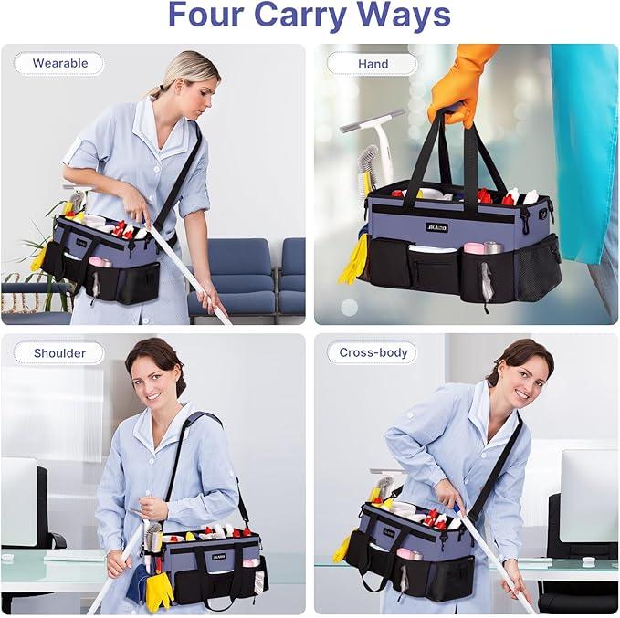 Large Wearable Cleaning Caddy Bags,Cleaning Supplies Storage Bag with Handles and Adjustable Shoulder Strap and Removable Waist Straps,Waterproof Cleaning Bags for Home,Car,Office (Denim Blue) - NeatNest