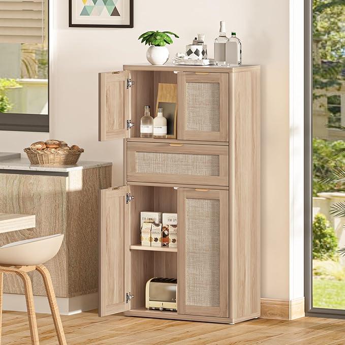 LEYAOYAO 48" Tall Storage Cabinet Set of 2,Rattan Bathroom Floor Cabinets with 4 Doors & 1Drawer,Boho Kitchen Pantry with Adjustable Shelves,Wooden Cupboard for Living Room,Home Office,Natural Wood - NeatNest