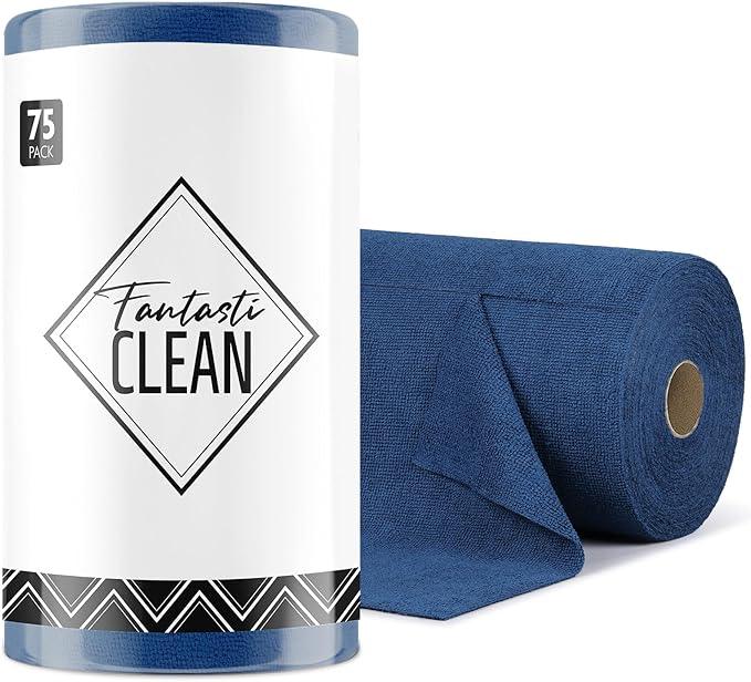 Fantasticlean Microfiber Cleaning Cloth Roll -75 Pack, Tear Away Microfiber Towels, 12" x 12", Reusable, Washable, Scratch Free, Ultra Absorbent Dish Rags for Car, Home, Garage or Shop (Navy Blue) - NeatNest
