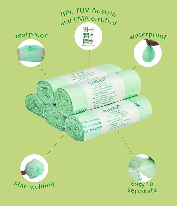 bioMat 2.6 Gallon Compostable Food Scrap Bags, 125 Count, Compost Bags for Countertop Bins, BPI ASTM D6400 and CMA Certified Small Trash Bags - NeatNest
