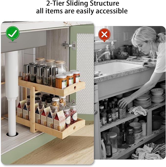 Bamboo Wood Under Sink Organizer 1 Pack, Pull Out Cabinet Organizer 2 Tier Under Sink Organizers and Storage with Sliding Drawer Sturdy Easy Assembly for Kitchen Bathroom Undersink (Nature, 2 Packs) - NeatNest