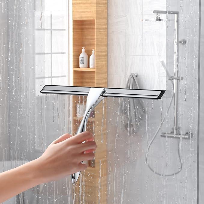 Shower Squeegee Set, 10-Inch Stainless Steel Squeegee for Bathroom, Shower Doors, Mirrors, Tiles, and Car Windows - 100% Streak Free, Includes Shower Door Hook, Adhesive Hook and Spare Silicone Blade - NeatNest