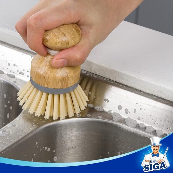 MR.SIGA Bamboo Palm Brush, Scrub Brush for Dishes Pots Pans Kitchen Sink Cleaning, Pack of 2 - NeatNest