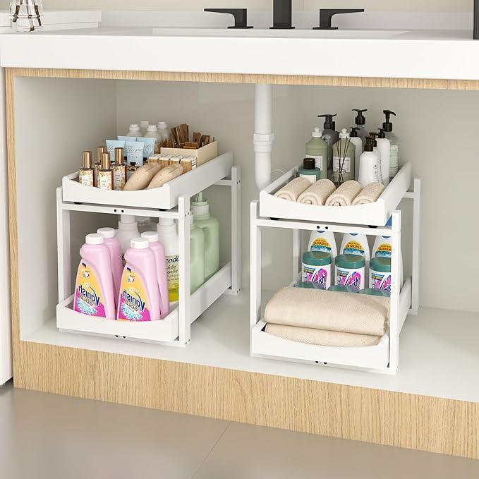 Bamboo Under Sink Organizer and Storage, 2 Pack Pull Out Cabinet Organization, 2 Tier Vertical Slide Out Undersink Storage Shelf, Multi-Purpose Organizer Shelves for Kitchen Bathroom Medicine, White - NeatNest