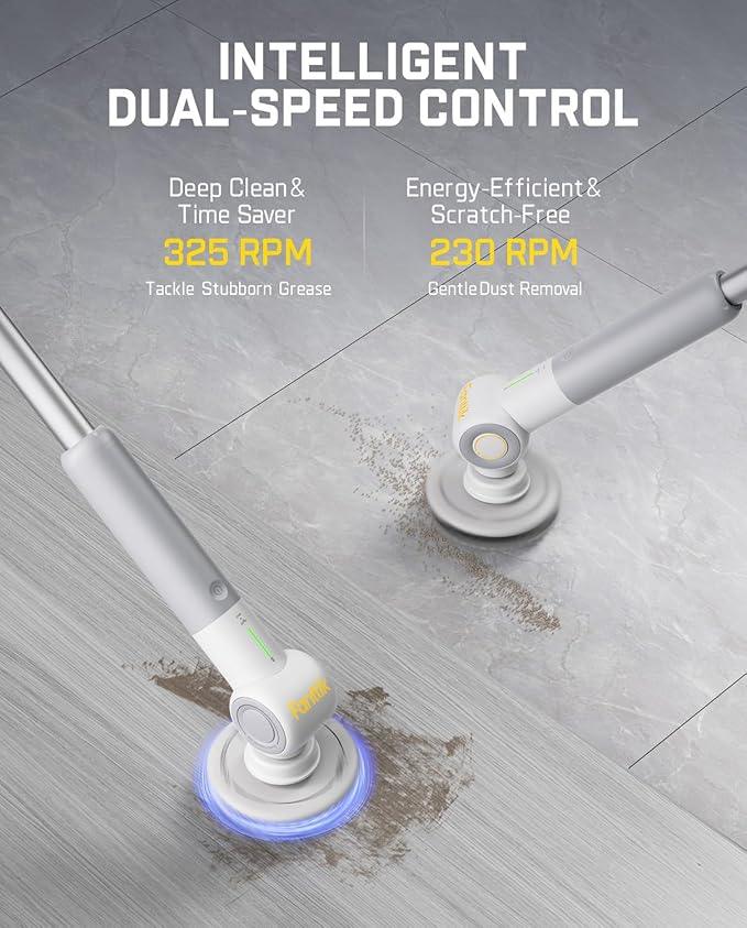 Fanttik Flip G9 Pro Electric Scrubber, VoltiPulse Motor, Dual-Speed Cleaner with 6 Brush Heads, Adjustable Angle & Extendable Handle, IPX7 Waterproof, Type-C Charge for Bathroom, Tile, Grout - White - NeatNest