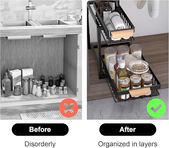 2-Tier Sliding Under Sink Organizer, L-shape Pull Out Cabinet Organizers, Multi-purpose Sink Storage Shelves, Metal Mesh Drawer Organizer for Bathroom Kitchen (White, Pull-Up & Down Style) - NeatNest
