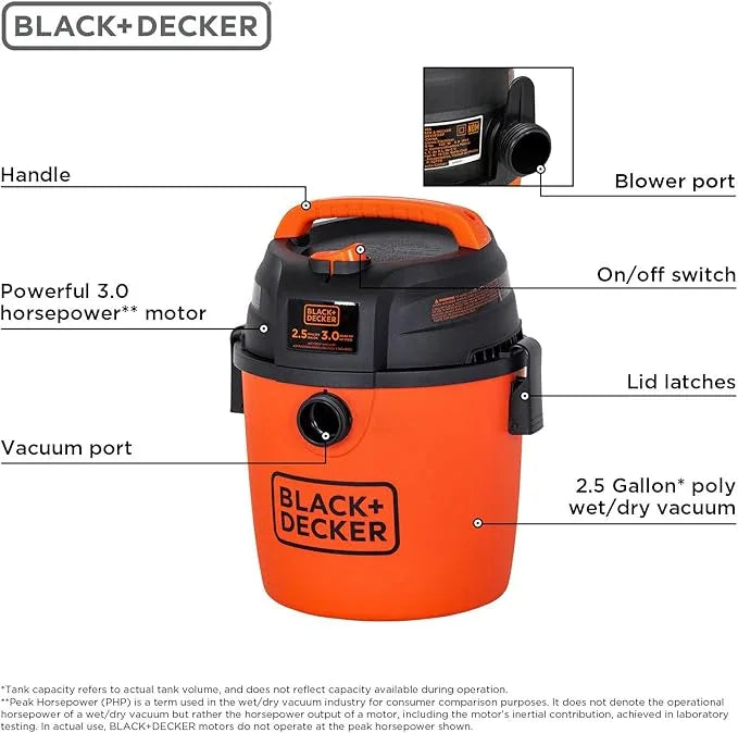 BLACK+DECKER 2.5 Gallon Shop Vac, 3 Peak HP Wet Dry Vacuum with Powerful Suction, Portable for Garage Car and Home Use, Pet Hair Cleaning, Accessories Included, BDXV18134PA - NeatNest