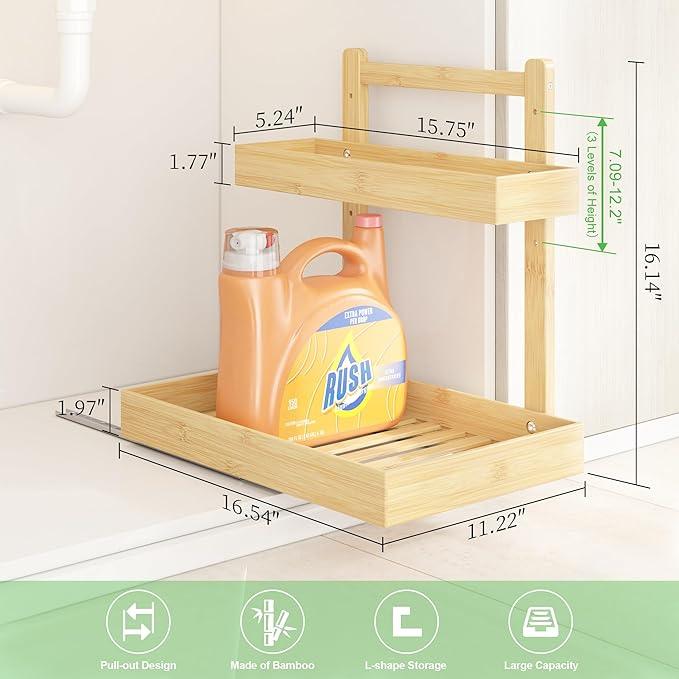 Under Sink Organizer - 2-Tier Pull Out Cabinet Organizer Vertical Slide Out Sink Shelf Storage Shelves for Multi-Purpose Bath Kitchen Bathroom Medicine (Nature, 2 Packs) - NeatNest