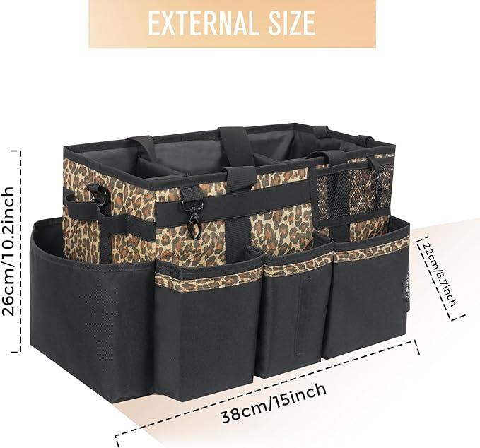 Wearable Cleaning Caddy, Cleaning Caddy Supplies Organizer with Handle & Shoulder Straps for Housekeepers, Under Sink & Car Cleaning Tool Organizers Bag with 4 Foldable Divider (Leopard) - NeatNest