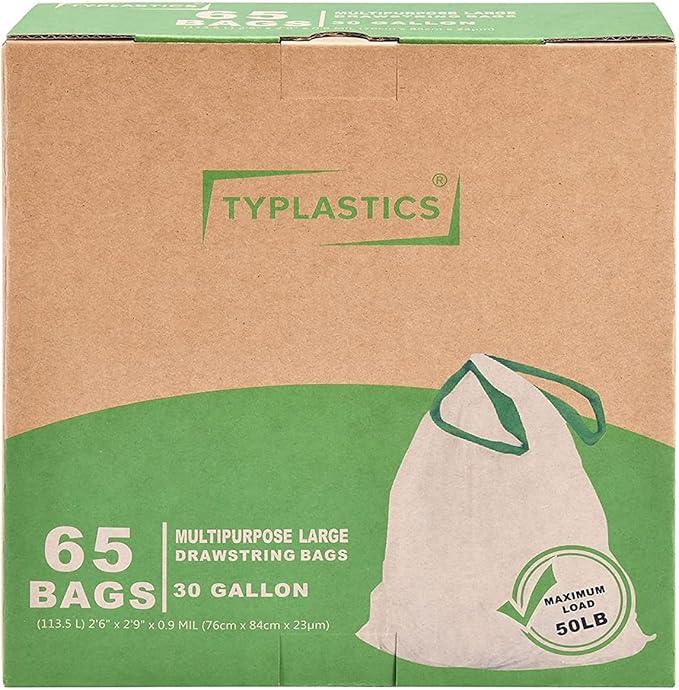 TYPLASTICS Drawstring Trash Bags, 30 Gallon Multipurpose Heavy Duty Garbage Bags, 65 Count - NeatNest