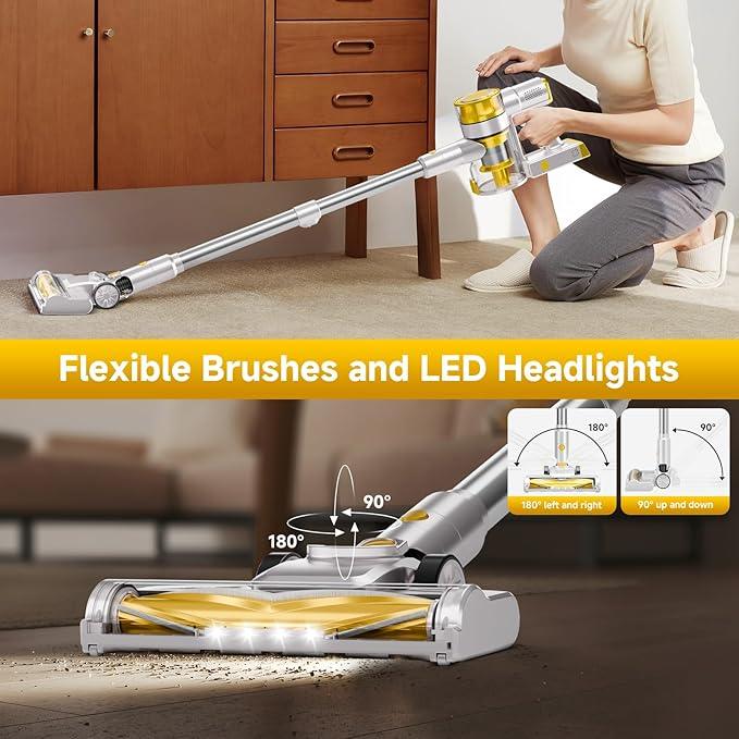 Cordless Vacuum Cleaner, 35Kpa Vacuum Cleaner for Home, 45Mins Stick Vacuum with LED Display, Anti-Tangle & Wall Mount Charging, 6 in 1 Lightweight Vacuum for Hard Floors, Carpet, Pet Hair (yellow) - NeatNest