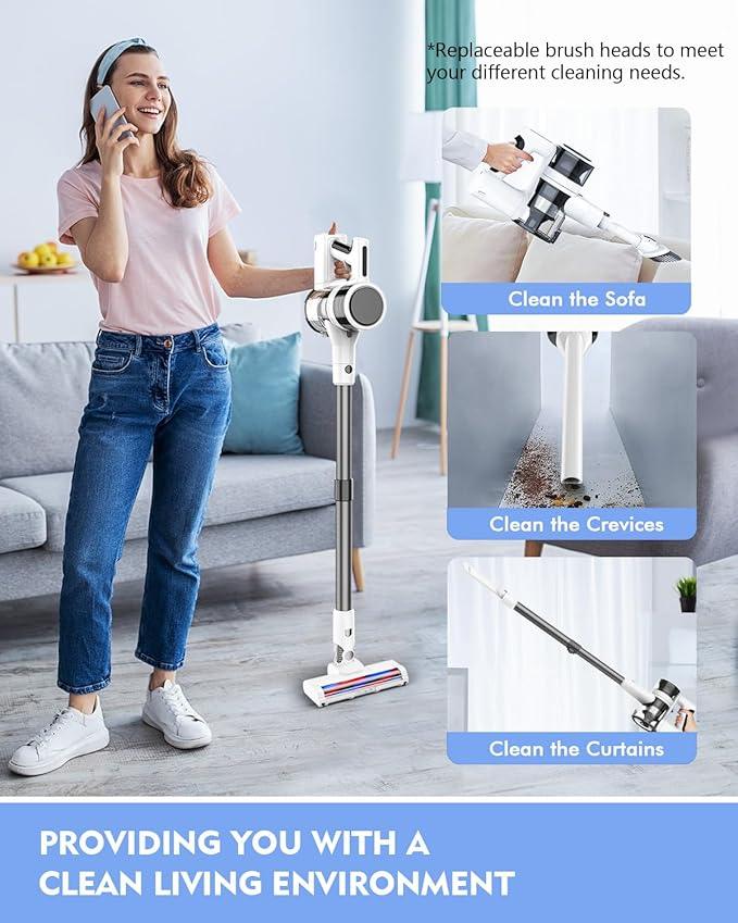 Cordless Vacuums, 80,000PRM Powerful Motor Vacuum Cleaner and 2200mAH Rechargeable Battery up to 35 Mins Worktime, 2 Adjustable Modes, Detachable Parts, Wireless Stick Vacuum (Tea White) - NeatNest