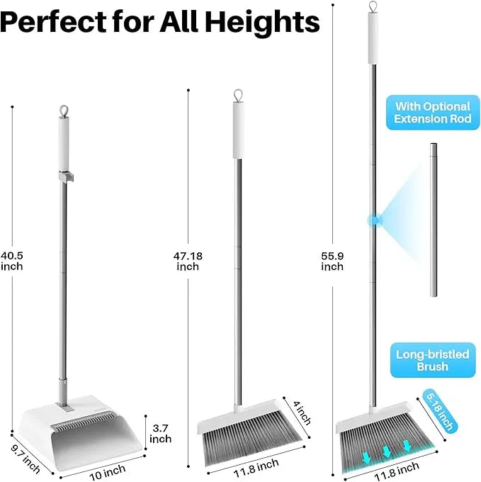 JOYMOOP 2 Pack Broom and Dustpan Set, Black and White Combo, Upright Angle with Built-in Comb Teeth for Pet Hair and Hard Floors - NeatNest