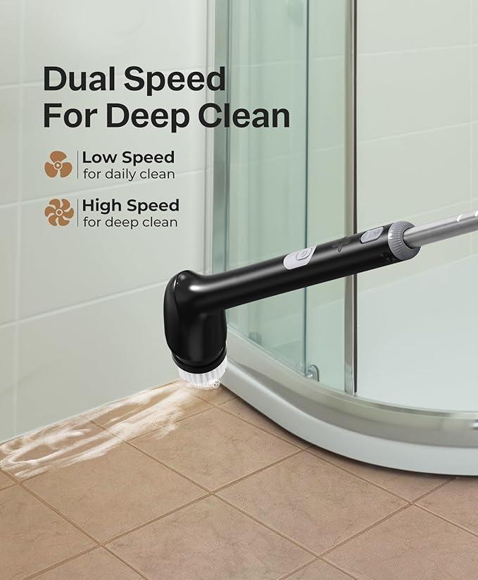 LyriFine Electric Spin Scrubber, New Full-Body IPX7 Waterproof Bathroom Cleaner Brush, Shower Scrubber with Long Handle & 2 Speed, Heads Replacement, Cleaning Supplies for Tub Shower Tile Floor - NeatNest