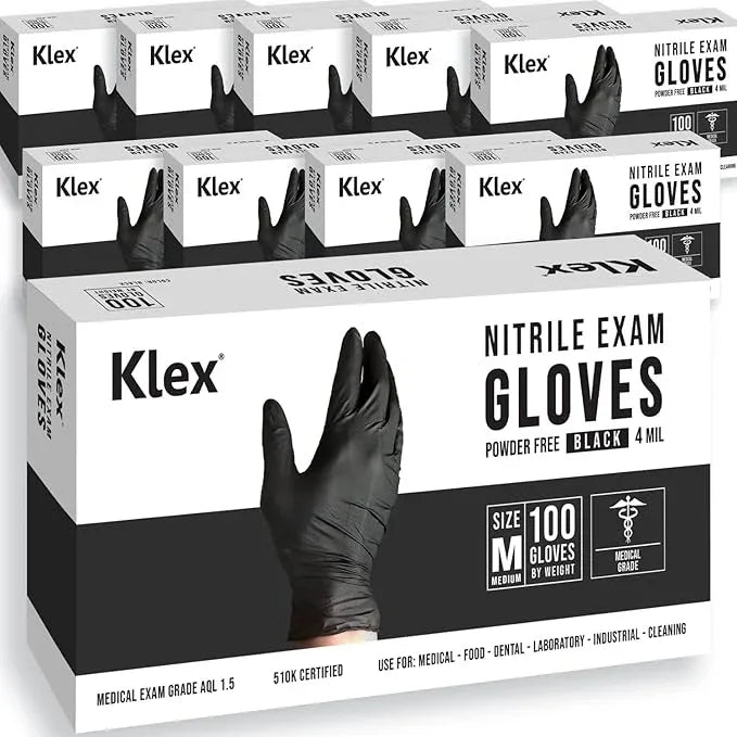 Klex Nitrile Exam Gloves - Medical Grade, Powder & Latex Free, Food Safe, Black, 100, 1000 Count, S, M, L, XL - NeatNest