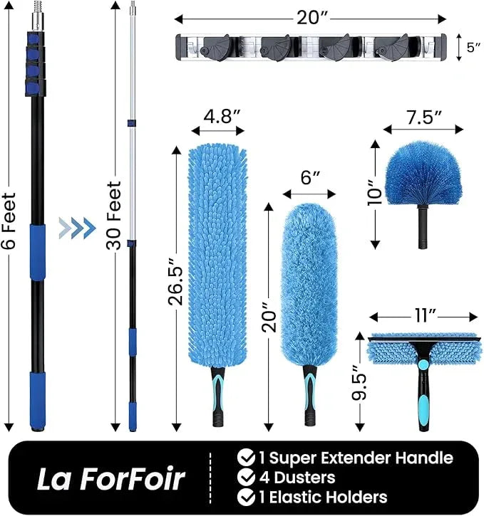 36ft High Ceiling Duster Kits with 5-30ft Heavy Duty Extension Pole - Fan Blade Cleaner, Cobweb Remover & Blue Window Squeegee Kit, Washable Dust Brush for High Roof and Glass Surfaces - NeatNest