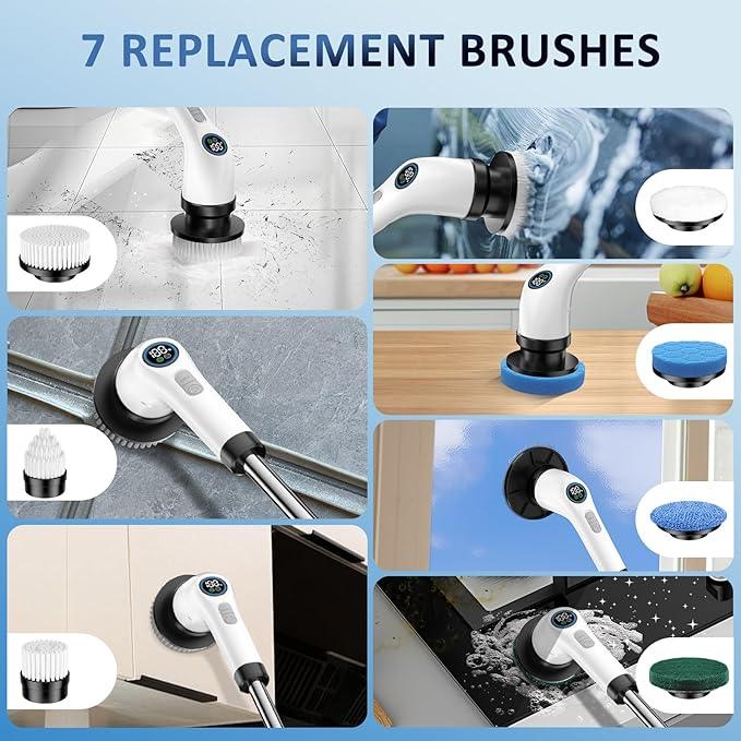 Electric Spin Scrubber Upgraded Battery with Extra-Long Runtime, IPX7 Waterproof Power Cleaner with 7 Brush Heads, 2 Speeds Adjustable Long Handle for Bathroom, Floor, Shower, Tile & Kitchen Cleaning - NeatNest