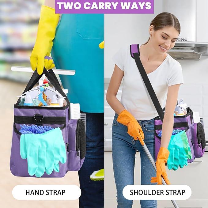 Wearable Cleaning Caddy Bag, Cleaning Organizer with Handles, Cleaning Supply Tote with Adjustable Shoulder Strap for Cleaners & Housekeeper (Purple, 13.4'' x 7.3'' x 9.3'') - NeatNest