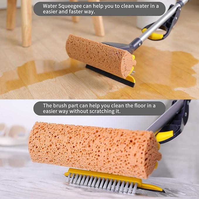 Yocada Sponge Mop Home Commercial Use Tile Floor Bathroom Garage Cleaning Total 3 Sponge Heads Squeegee and Extendable Telescopic Long Handle 42.5 to 52 Inches Easily Dry Wringing Only 3 Heads - NeatNest