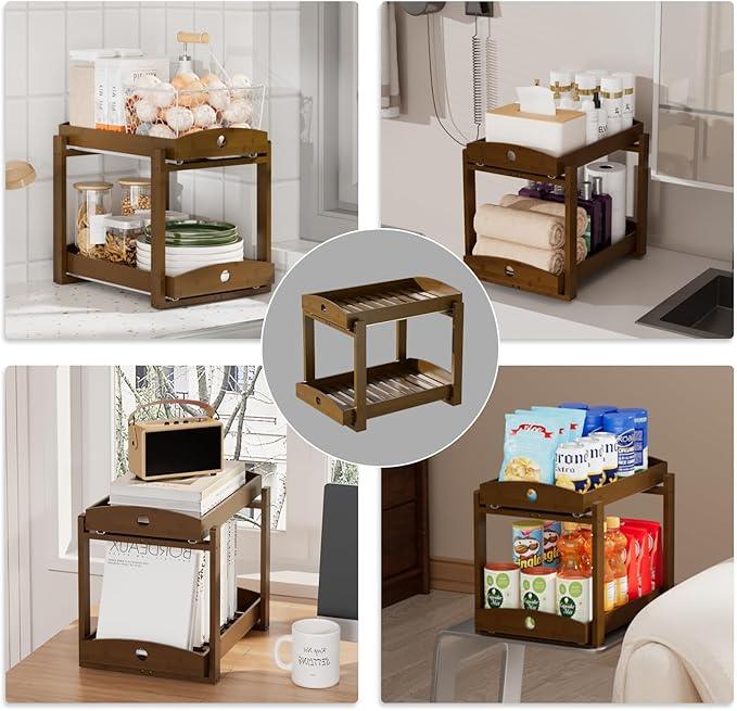 Bamboo Wood Under Sink Organizer 1 Pack, Pull Out Cabinet Organizer 2 Tier Under Sink Organizers and Storage w/Sliding Drawer Sturdy Easy Assembly for Kitchen Bathroom Undersink (Walnut, 2 Packs) - NeatNest