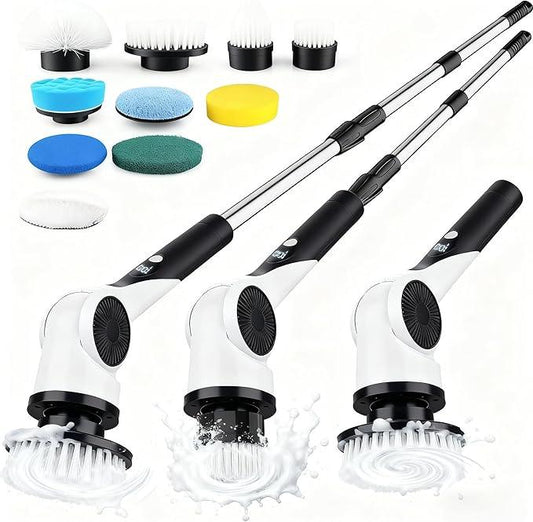 Electric Spin Scrubber, 3-Speed Cordless Shower Scrubber with 90° Adjustable & 10 Replaceable Brush Heads, 90 Mins Runtime & Full-Body IPX7 Waterproof Shower Cleaner Brush with Long Handle - NeatNest