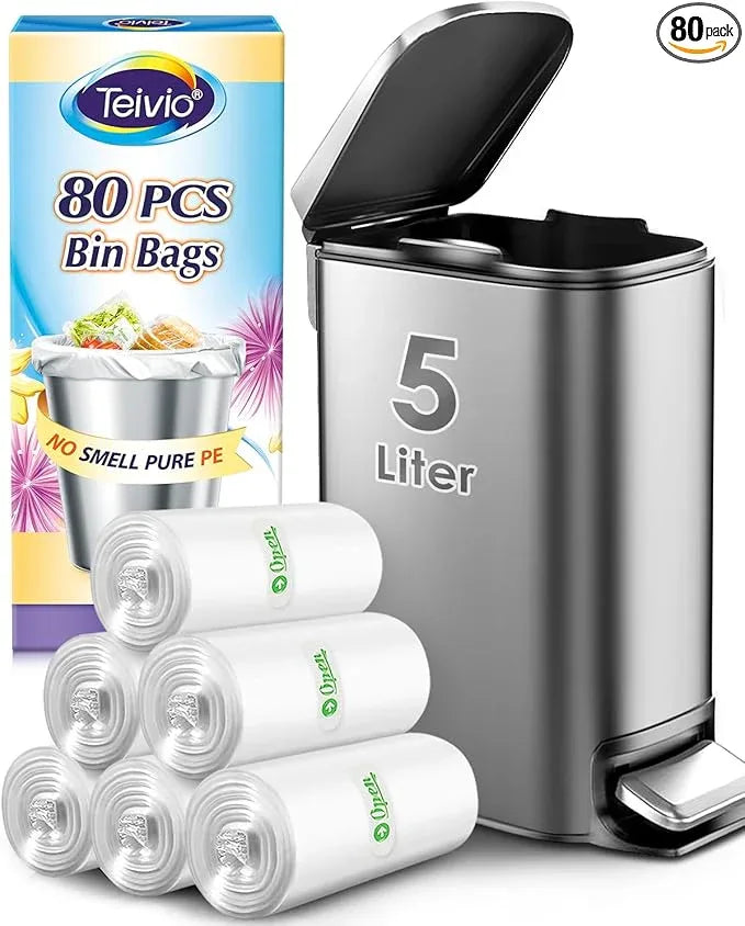 1.2 Gallon 80 Counts Strong Trash Bags Garbage Bags, Bathroom Trash Can Bin Liners, Small Plastic Bags for home office kitchen, fit 5-6 Liter, 0.8-1.6 and 1-1.5 Gal, Clear - NeatNest