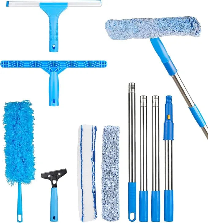 Window Squeegee Cleaner with 4 Stainless Steel Extension Poles,Long Reach to 58inch, Scrubber, Glass Scraper, Bendable Duster, 2 Scrubber Cloth for Window, Car, Professional Cleaning Kit - NeatNest
