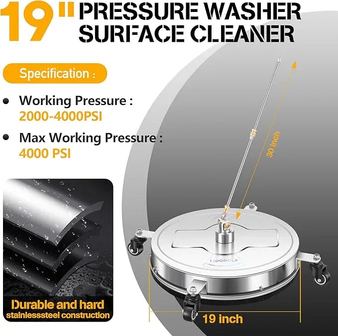 19" Pressure Washer Surface Cleaner with 4 Wheels - Stainless Steel Surface Cleaner for Pressure Washer Attachment for Concrete, Patio, Sidewalk, Deck, Driveways and Daily Washing - PWS 19 - NeatNest