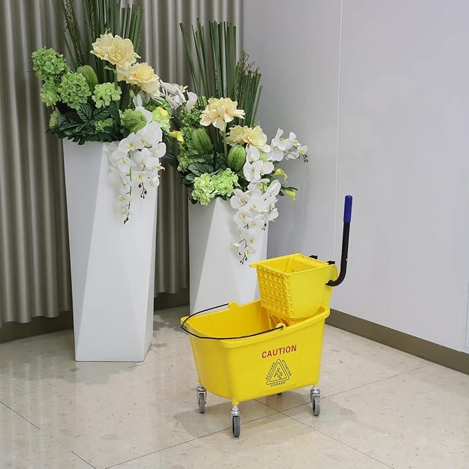 Commercial Mop Bucket with Side Press Wringer on Wheels, 35Qt,Yellow Including One Commercial Mop - NeatNest