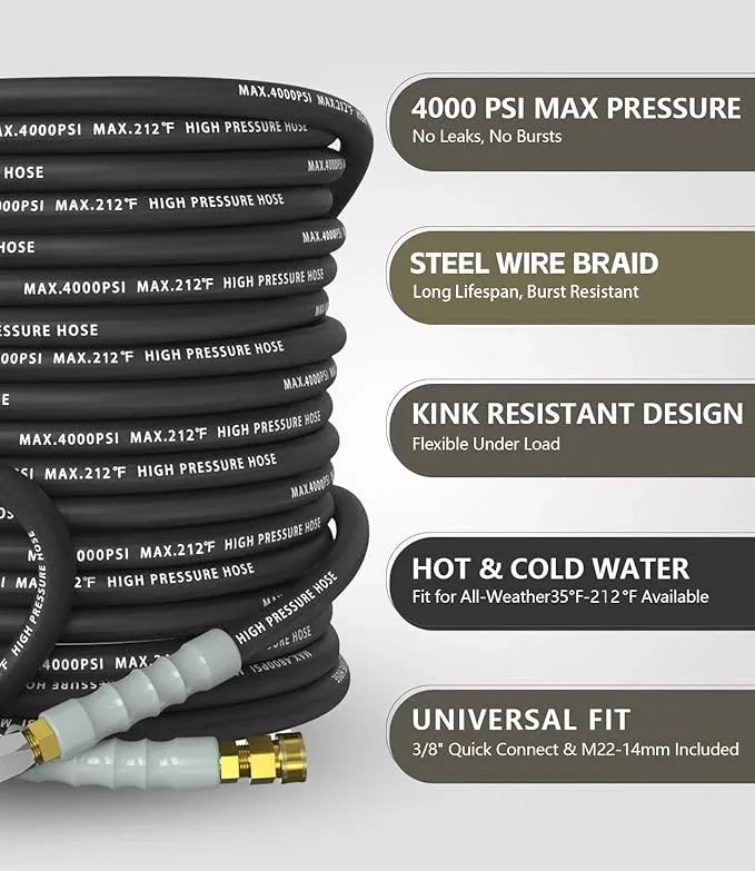 Pressure Washer Hose 75FT 4000 PSI, Kink Resistant Steel Braided Layer & NonMarking Rubber for Hot/Cold Water, High Power Washer Hose With 3/8 Inch Quick Connect & M22 Fitting, Black - NeatNest