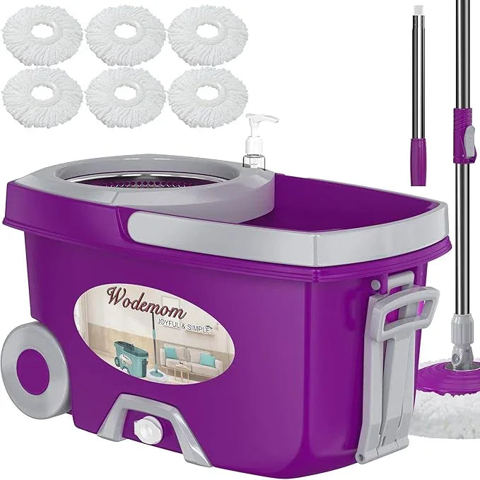Dual Compartment Spin Mop and Bucket, Mop and Bucket with Wringer Set,360°Rotating Spinning Mopping for Floor Cleaning with 6 Microfiber Replacement Heads, 61" Extended Handle, 2X Wheel - NeatNest