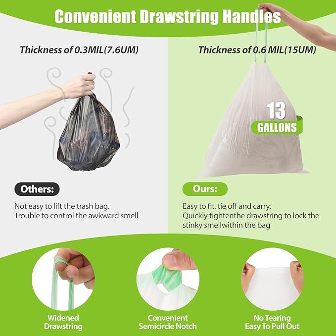 Large Trash Bags 13 Gallon Tall Kitchen Drawstring 100% Post-Consumer Recycled Garbage Bags Waste Bag for Office 0.6 Mil (110 Count) - NeatNest