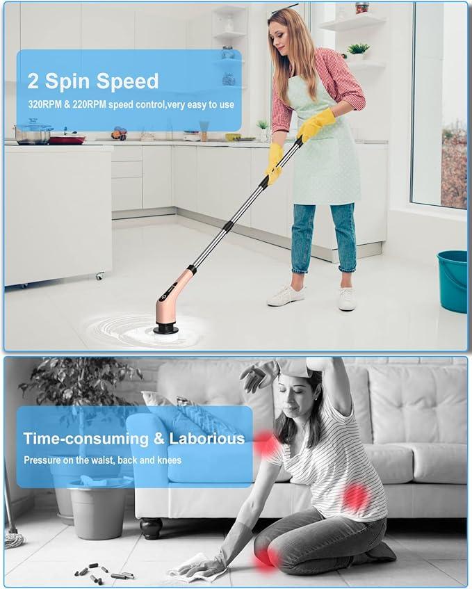 Leebein Electric Spin Scrubber, Cordless Powerful Scrub Brush for Cleaning Bathroom, Kitchen, Shower Tub and Floor Tile with Adjustable Extension Long Handle and 8 Replaceable Brush Heads(Rose) - NeatNest