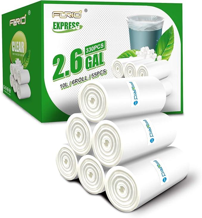 FORID Clear Small Trash Bags, 2.6 Gallon Garbage Bags, Wastebasket Bin Liners 330 Count Plastic Trash Bags for Bathroom Bedroom Office Garbage Can 10 Liters - Durable & Thick Trash Bag - NeatNest