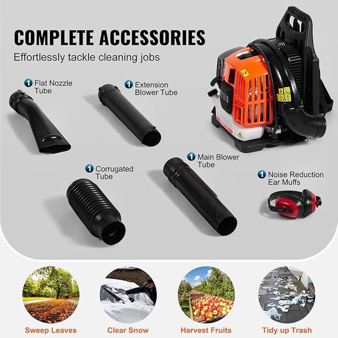 VEVOR Backpack Leaf Blower, 52CC 2-Cycle Leaf Blower with 1.37L Fuel Tank, 480CFM Air Volume 175MPH Speed, Ideal for Lawn Care, Leaf Cleaning, and Snow Removal - NeatNest